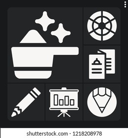 Set of 6 creative filled icons such as bar chart, pencil, detergent, color wheel