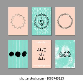 Set of 6 creative greeting cards. Hand-drawn inky patterns.