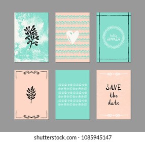 Set of 6 creative greeting cards. Hand-drawn inky patterns.