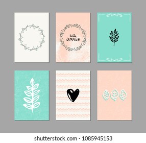 Set of 6 creative greeting cards. Hand-drawn inky patterns.