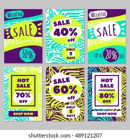 Set of 6 creative hand drawn sale flyer template design. Can be used as poster, banner or email design. Vector illustrations of attractive discount offers. Funny and eye catching sale collection.