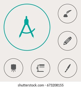 Set Of 6 Creative Icons Set.Collection Of Illuminator , Stand , Pen Elements.