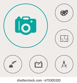 Set Of 6 Creative Icons Set.Collection Of Gadget, Compass, Photo And Other Elements.