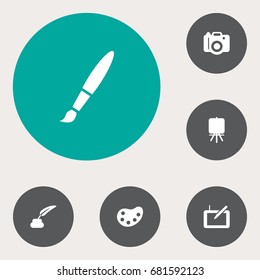 Set Of 6 Creative Icons Set.Collection Of Pencil , Photo, Stand Elements.