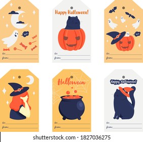 Un conjunto de 6 tarjetas de periodismo creativo.Conjunto de afiches de Halloween.Plantilla para la reserva de saludos, felicitaciones, invitaciones, pegatinas, planificadores. Etiquetas de regalo de Halloween. Ilustración de dibujos animados planos vectores.