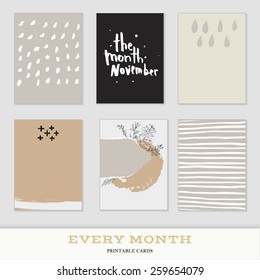 Set of 6 creative journaling cards. Hand Drawn textures made with ink. Every Month Collection - November