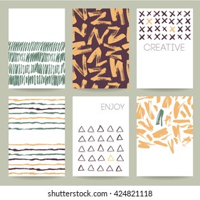 Set of 6 creative journaling cards. Hand Drawn textures made with ink. Abstract background with brush strokes. Monochrome hand drawn print with. Trendy monochrome texture graphic design.