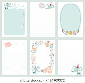 Set of 6 creative journaling cards with floral wreath, baby elephant, decorative flowers, bird and fish.  Template for scrapbooking, notebook, wrapping, diary and children's party printable cards. 