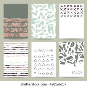 Set of 6 creative journaling cards. Hand Drawn textures made with ink. Abstract background with brush strokes. Monochrome hand drawn print with. Trendy texture graphic design.