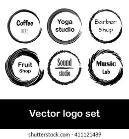 Set of 6 creative logo - for cafe, yoga studio, barbery shop, fruit shop, sound studio, music lab, organic fruit shop. Vector illustration. Isolated on white background and layered.