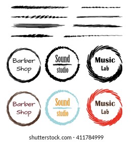 Set of 6 creative logo - for cafe, yoga studio, barbery shop, fruit shop, sound studio, music lab, organic fruit shop. Vector illustration. Isolated on white background and layered. Vector brushes