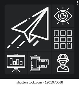 Set of 6 creative outline icons such as view, menu, paper plane, bar chart, employee