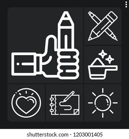 Set of 6 creative outline icons such as sun, love, pencil, detergent