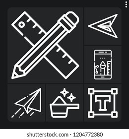 Set of 6 creative outline icons such as paper plane, detergent, pencil, green arrow, type