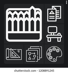 Set of 6 creative outline icons such as drawing, palette, pencil, desk, menu