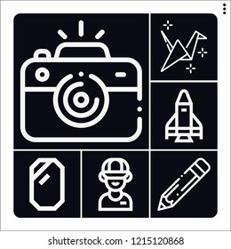 Set of 6 creative outline icons such as camera, pencil, employee, rocket, origami