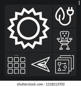 Set of 6 creative outline icons such as green energy, desk, green arrow, sun, flow