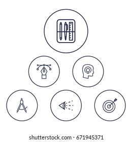 Set Of 6 Creative Outline Icons Set.Collection Of Bezier Curve, Drawing Tools, Target And Other Elements.