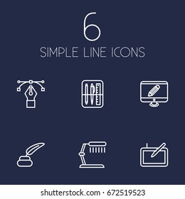 Set Of 6 Creative Outline Icons Set.Collection Of Monitor, Inkwell With Pen, Bezier Curve And Other Elements.