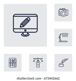 Set Of 6 Creative Outline Icons Set.Collection Of Dslr Camera, Monitor, Table Lamp And Other Elements.