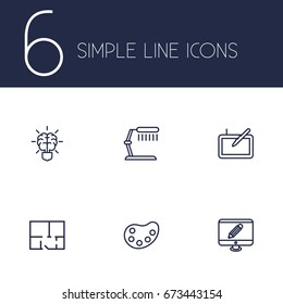 Set Of 6 Creative Outline Icons Set.Collection Of Property Plan, Palette, Brain And Other Elements.