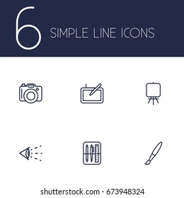 Set Of 6 Creative Outline Icons Set.Collection Of Graphic Tablet, Drawing Tools, Dslr Camera And Other Elements.