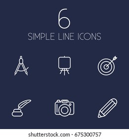 Set Of 6 Creative Outline Icons Set.Collection Of Inkwell With Pen, Target, Pencil And Other Elements.