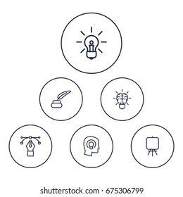 Set Of 6 Creative Outline Icons Set.Collection Of Inkwell With Pen, Brain, Easel And Other Elements.