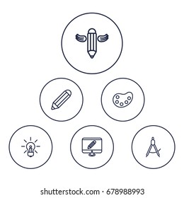 Set Of 6 Creative Outline Icons Set.Collection Of Palette, Pencil, Idea And Other Elements.