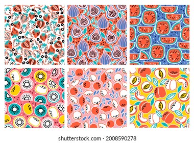 Set of 6 creative seamless pattern with fruits. Abstract background. Great for fabric, textile, wrapping paper. Vector Illustration. rhombuses seamless pattern.