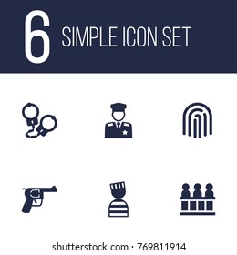 Set Of 6 Crime Icons Set.Collection Of Manacles, Policeman, Jury And Other Elements.