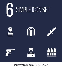 Set Of 6 Criminal Icons Set.Collection Of Bayonet, Policeman, Prisoner And Other Elements.