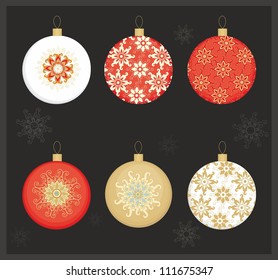 Set of 6 crystal balls, white- golden -red ornamental Christmas baubles on dark background 