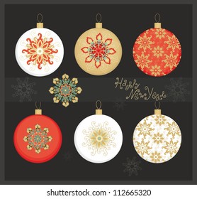 Set of 6 crystal balls, white- golden -red ornamental Christmas baubles on dark background 