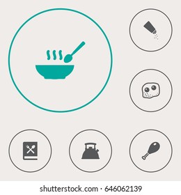 Set Of 6 Culinary Icons Set.Collection Of Broth, Teapot, Poultry Foot And Other Elements.
