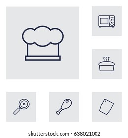 Set Of 6 Culinary Outline Icons Set.Collection Of Bread, Skillet, Hat And Other Elements.