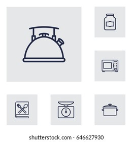 Set Of 6 Culinary Outline Icons Set.Collection Of Pan, Book Of Recipes, Scales And Other Elements.