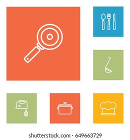 Set Of 6 Culinary Outline Icons Set.Collection Of Ladle, Pan, Hat And Other Elements.