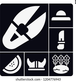 Set of 6 cut filled icons such as viking helmet, celery, knife, scissor, hat