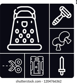 Set of 6 cut outline icons such as sword, mushroom, scissors, sharpener, razor