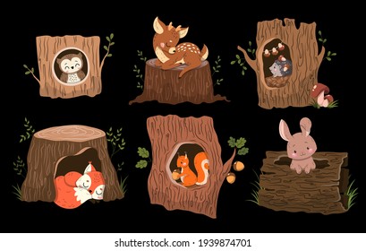 Set of 6 cute, adorable forest animals in or on tree trunks with fox, deer, bunny, squirrel, owl and hedgehog, flat cartoon colored vector illustration