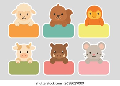 Set of 6 cute arctic animal stickers in flat design: penguin, polar bear, seal, walrus, arctic fox, and reindeer. Great for winter-themed projects and children's activities.
