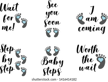 Set of 6 cute baby boy phrases and little footprints with hearts in black, gray and blue colors. Baby shower text, printing design.