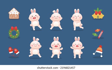 Set of 6 cute bunny mascots, elements for Christmas, Christmas wreath with gingerbread and bells, vector cartoon style composition