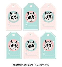 Set of 6 cute card templates. baby shower, birthday, Valentine's day. Stylish simple design with cartoon baby panda emotions. Vector illustration.