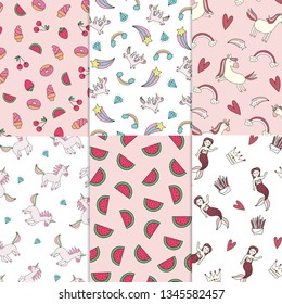 Set of 6 Cute Cartoon Fun Childish Patterns.Unicorn, Mermaid Pattern Texture Background. Unicorn Seamless pattern isolated on white background. Cute Cartoon Unicorn textile pattern print.