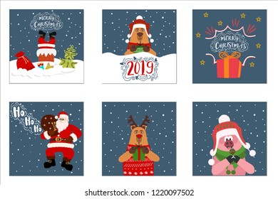 Set of 6 cute Christmas gift cards with lettering quote "Merry Christmas, 2019", merry and bright, warm wishes, magic moments. Cute illustration can use for postcard, poster, t-shirt, banner.