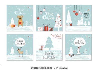 Set of 6 cute Christmas gift cards with lettering quote Merry Christmas, merry and bright, warm wishes, magic moments. Easy editable template. Cute  illustration for postcard, poster, t-shirt, banner.