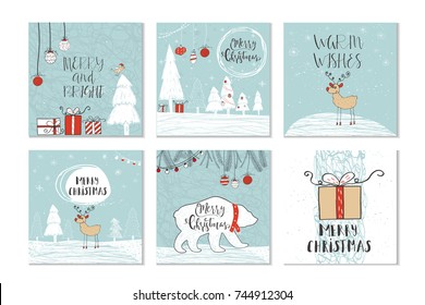 Set of 6 cute Christmas gift cards with lettering quote Merry Christmas, merry and bright, warm wishes, magic moments. Easy editable template. Cute  illustration for postcard, poster, t-shirt, banner.