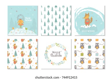 Set of 6 cute Christmas gift cards with lettering Merry Christmas and patterns. Easy editable template. Cute  illustration for card, poster, t-shirt, banner. New Year design elements.